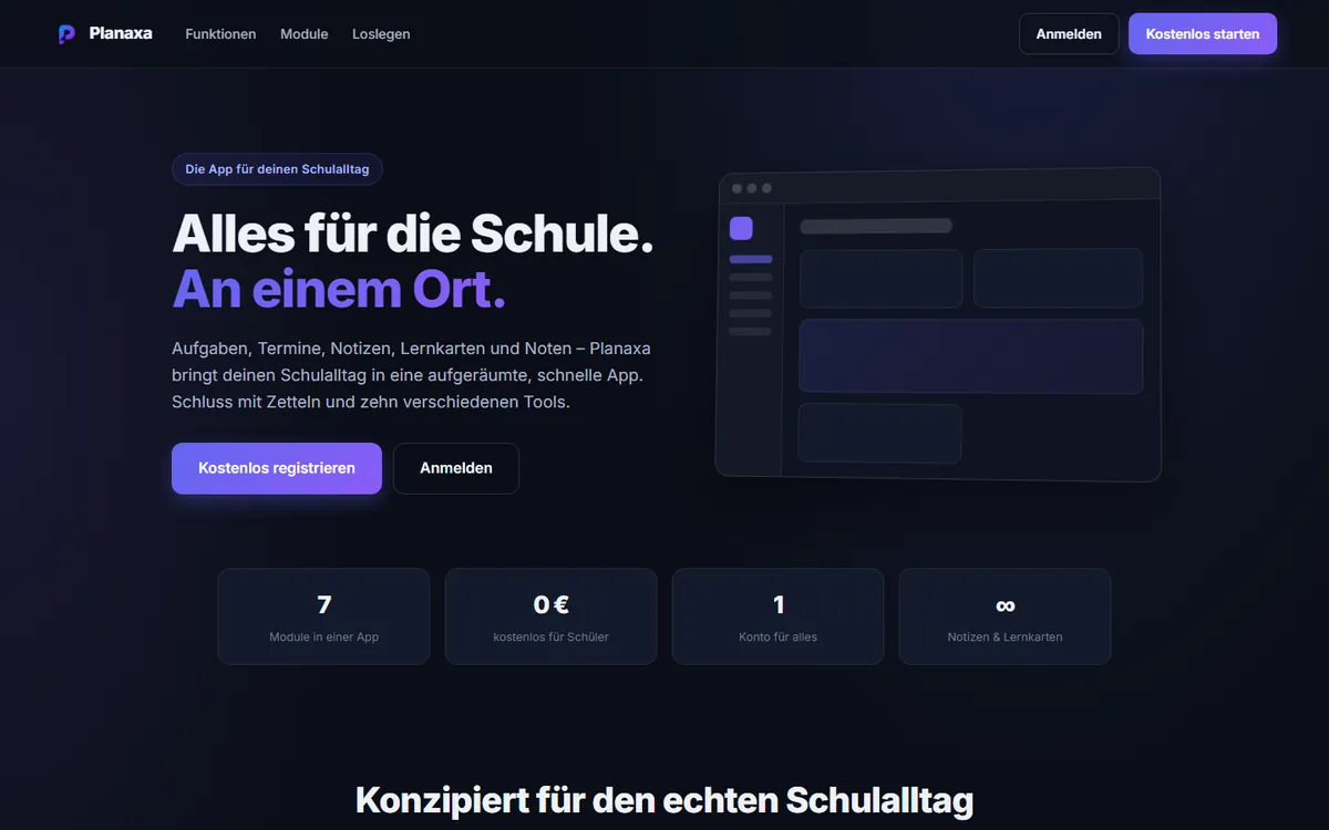 Startseite der Schul-App Planaxa